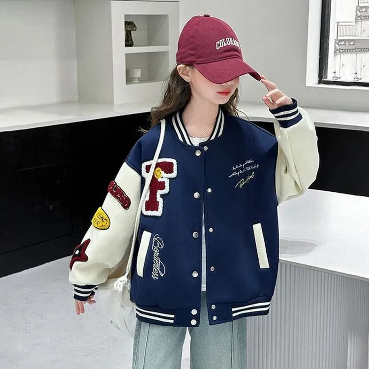 女童中大童毛巾绣棒球服外套时髦洋气拼接撞色高级感字母儿童上衣