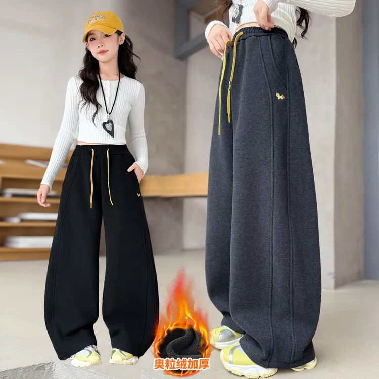 女童加绒卫裤秋冬洋气一体绒弯刀裤6-12岁儿童加厚冬季阔腿裤大童