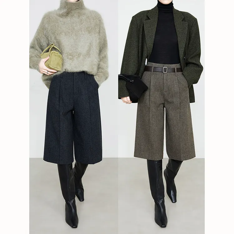 高级感简约时髦松弛意式法兰绒羊毛六分裤厚款毛呢裤配靴子中裤