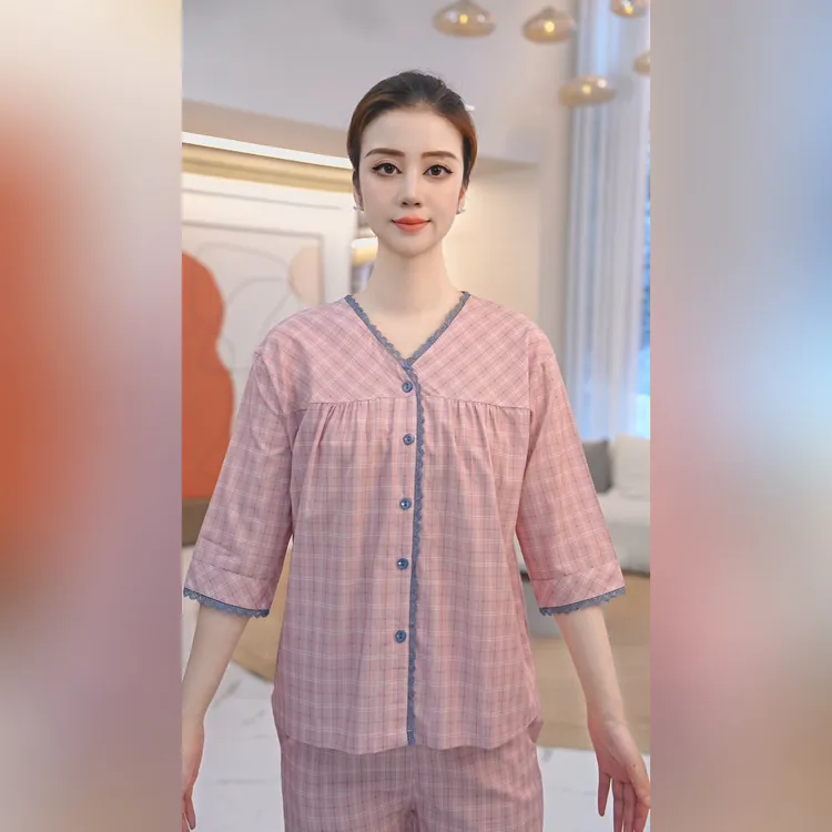 秋鹿2025年梭织棉夏季新款七分袖女套V型领有气质典雅大码休闲