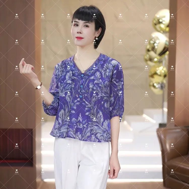 【渲渲推荐】XR-7-21夏季宽松V领花边领口花纹麻料小衫