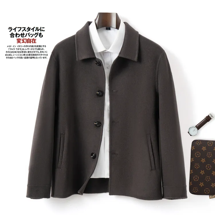 秋冬新款双面翻领行政夹克大衣男短款100%羊毛呢子休闲外套净色