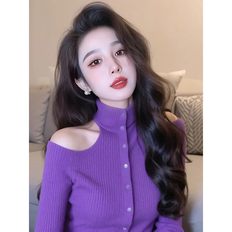 早秋季独特紫色高领针织打底衫女内搭设计感小众露肩绝美长袖上衣