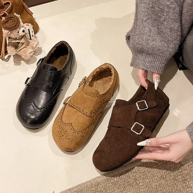 复古布洛克雕花乐福鞋女2025新款冬季时尚内增高加绒保暖勃肯棉鞋