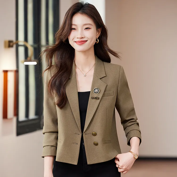 咖啡色长袖西装外套女春季新款休闲气质高级感短款百搭小西装外套