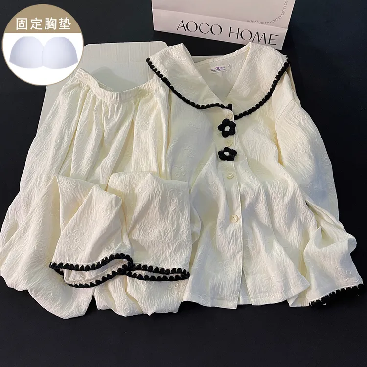 2025年新款黑色花朵睡衣女带胸垫长袖简约休闲甜美宽松家居服套装