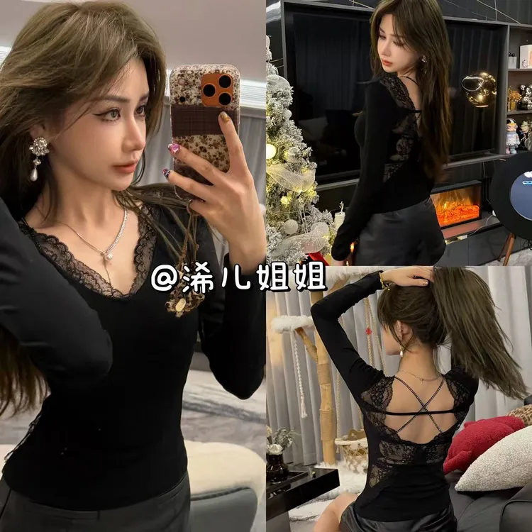 后背美炸*蕾丝拼接v领露背上衣