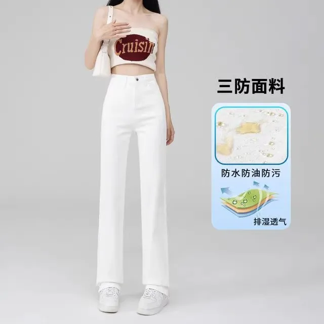 三防白色直筒牛仔裤女2025年春秋新款高腰宽松窄版小个子烟管裤子
