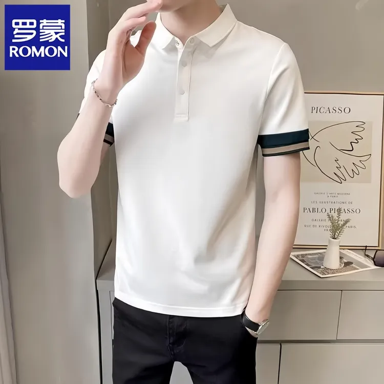 罗蒙新款夏季帅气男士商务休闲短袖t恤Polo衫半袖高级感修身翻领T