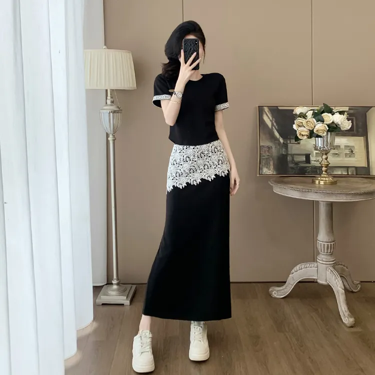 黑色时尚套装裙夏季显瘦洋气减龄短袖休闲蕾丝拼接半身裙子两件套