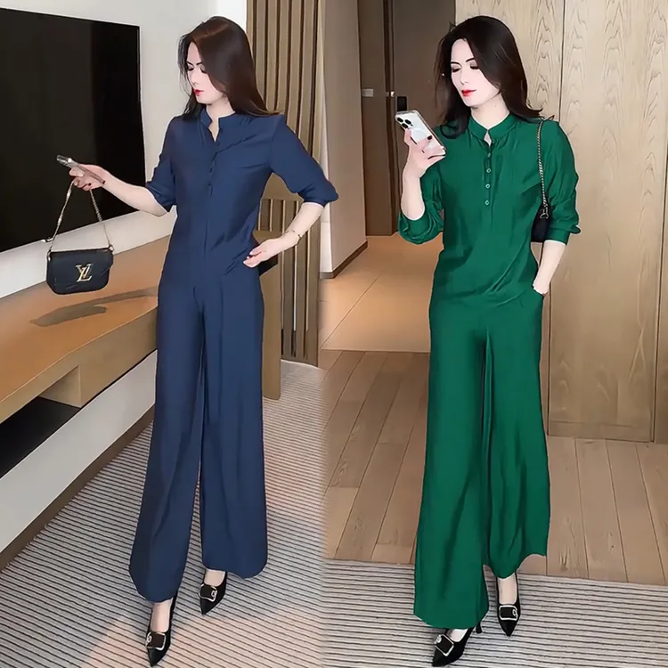 新中式收腰遮肉时尚套装女春季洋气显瘦立领衬衫高腰阔腿裤两件套