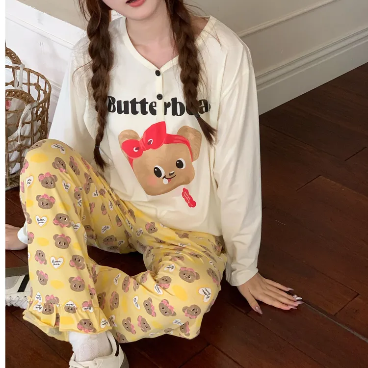卡通小熊印花可爱减龄长袖长裤女睡衣抗菌棉家居服套装