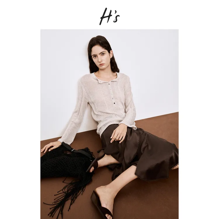 【秋上新】H'S亨利领针织开衫女25秋新款喇叭袖镂空收腰上衣毛衣