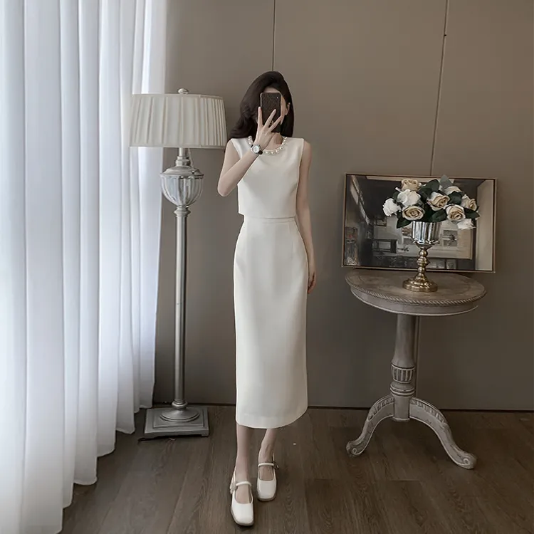 杏色珍珠小香风套装女夏季时尚洋气无袖高级感气质上衣半裙两件套