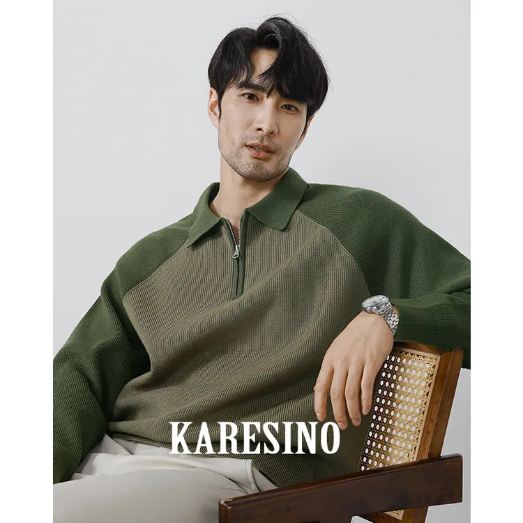 KARESINO秋冬美式重磅撞色拼接翻领针织线衣男士休闲半拉链毛衣男