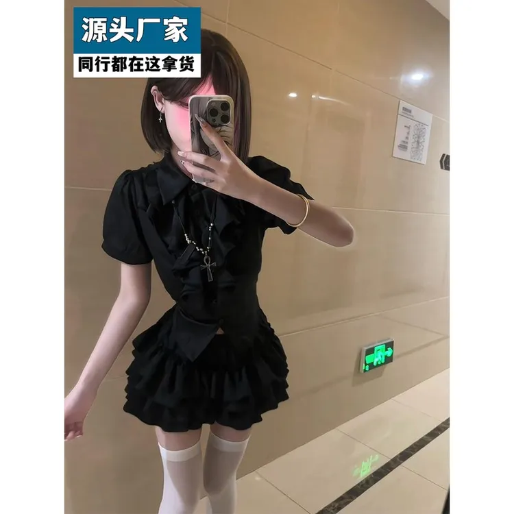 梵乐芬鸢尾蝶夏季新款日系哥特风设计感短袖收腰上衣辣妹短裙显瘦
