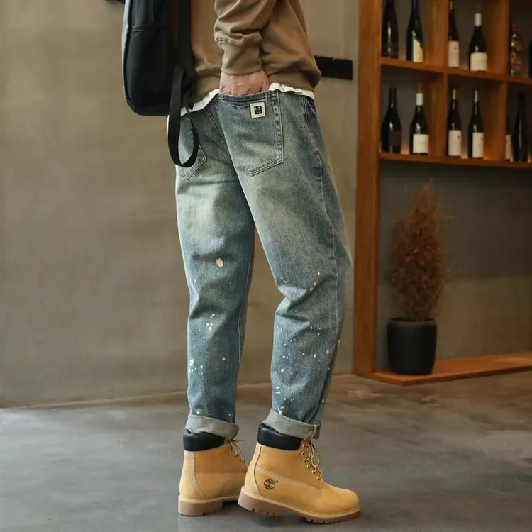 漆点泼墨牛仔裤男士宽松小直筒新款裤子美式复古休闲潮牌高端百搭