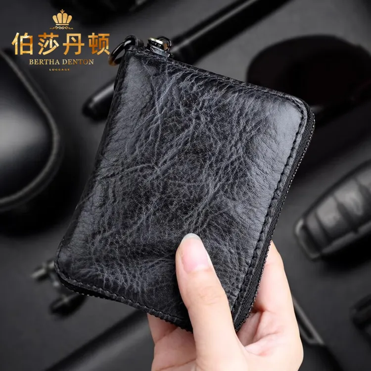 伯莎丹顿真皮钱包男士短款竖款手工植鞣头层牛皮钱夹卡包手拿包