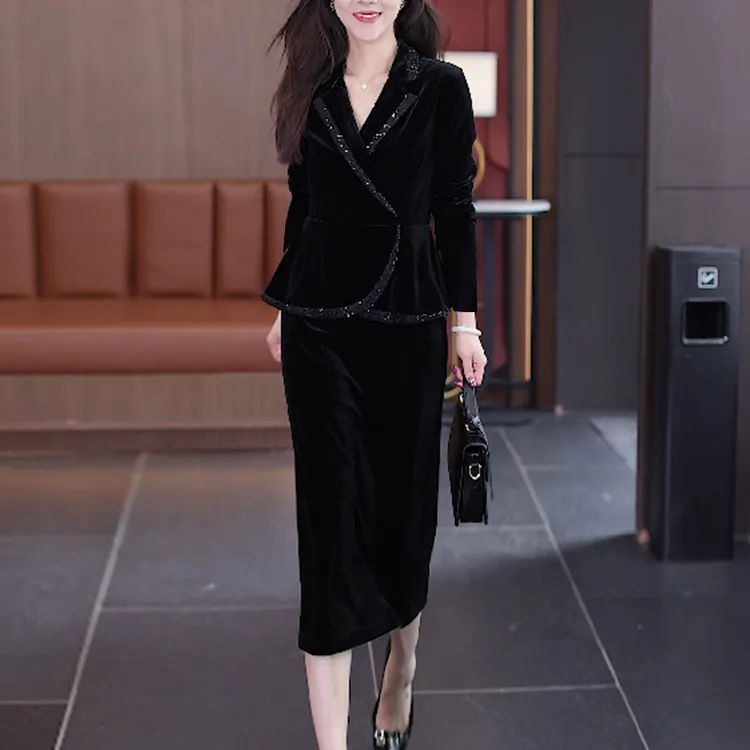 假两件西装领长袖长裙新款高贵气质显瘦职业包臀丝绒高贵连衣裙