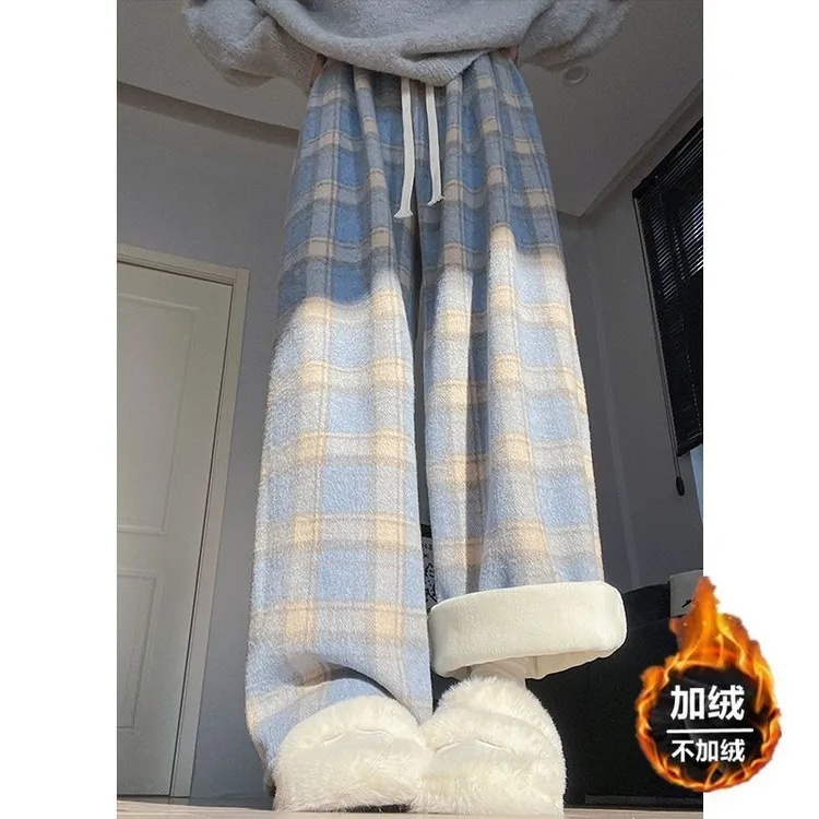 大码80-300斤蓝色加绒裤子女秋冬款格子裤胖mm宽松毛呢休闲阔腿裤