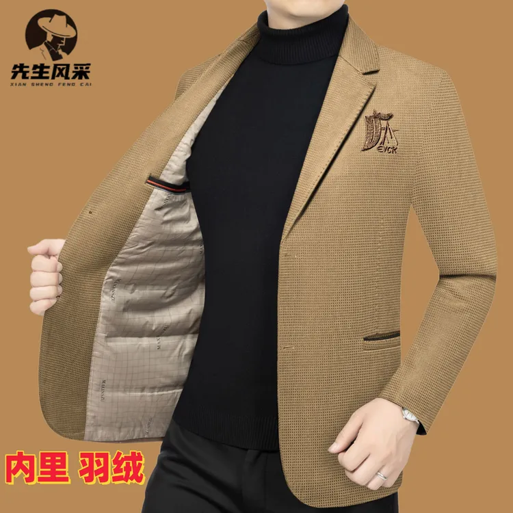 先生风采秋冬季新款中年商务休闲保暖西服男士外套轻薄羽绒服西装