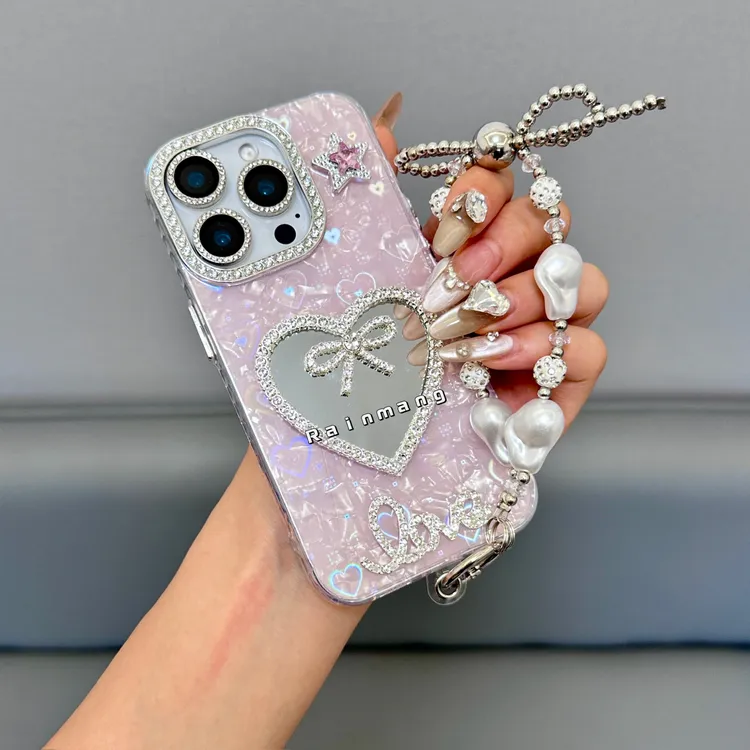 【DuangDuang爱心】粉贝壳纹化妆镜适用iPhone16ProMax苹果15手机壳