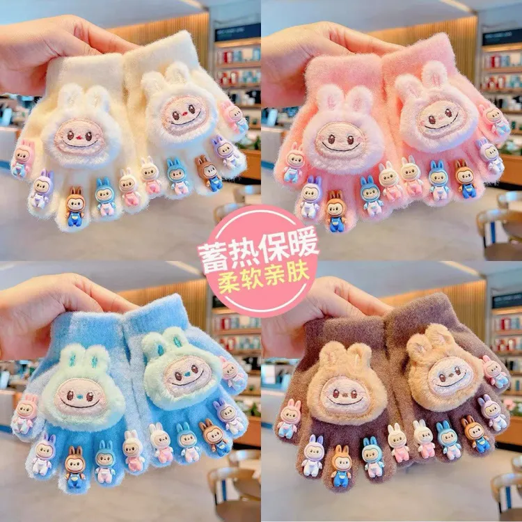 毛线可爱卡通布布毛绒手套男女童冬季防寒保暖全包五指可触屏手套