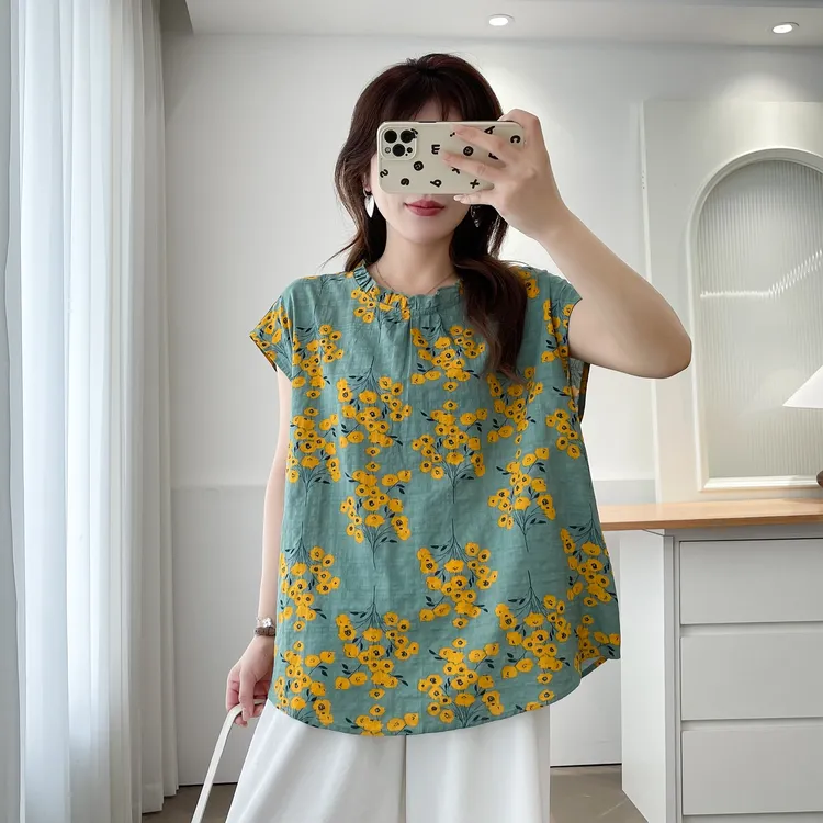 大码女装胖mm国风印花短袖衬衫显瘦遮肚文艺复古纯棉小花衬衣背心