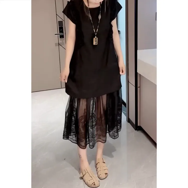 艾塔莉夏季女款时尚中长款宽松连衣裙短袖拼接蕾丝套装裙显瘦纯色