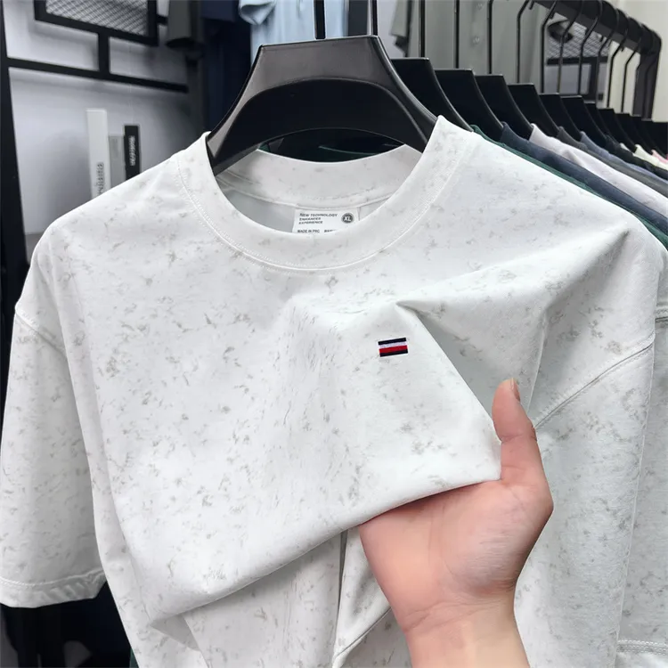 【父亲节】重磅美式休闲蜡染短袖t恤男士圆领刺绣宽松潮流落肩上衣