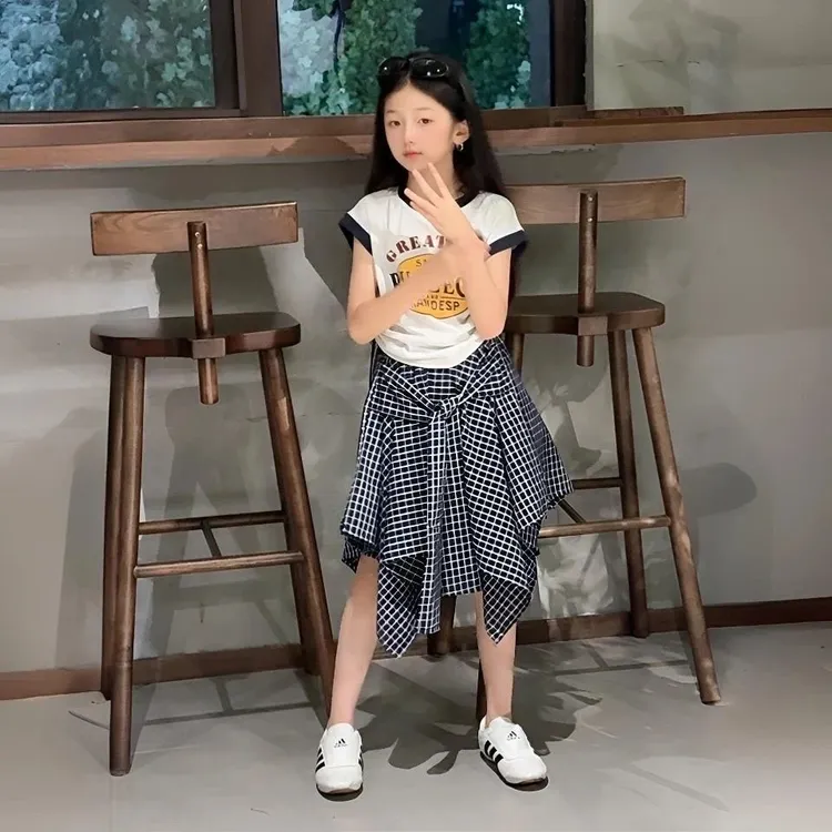 【现货】女童夏季新款套装字母背心女宝宝不规则格子短裙休闲两件套