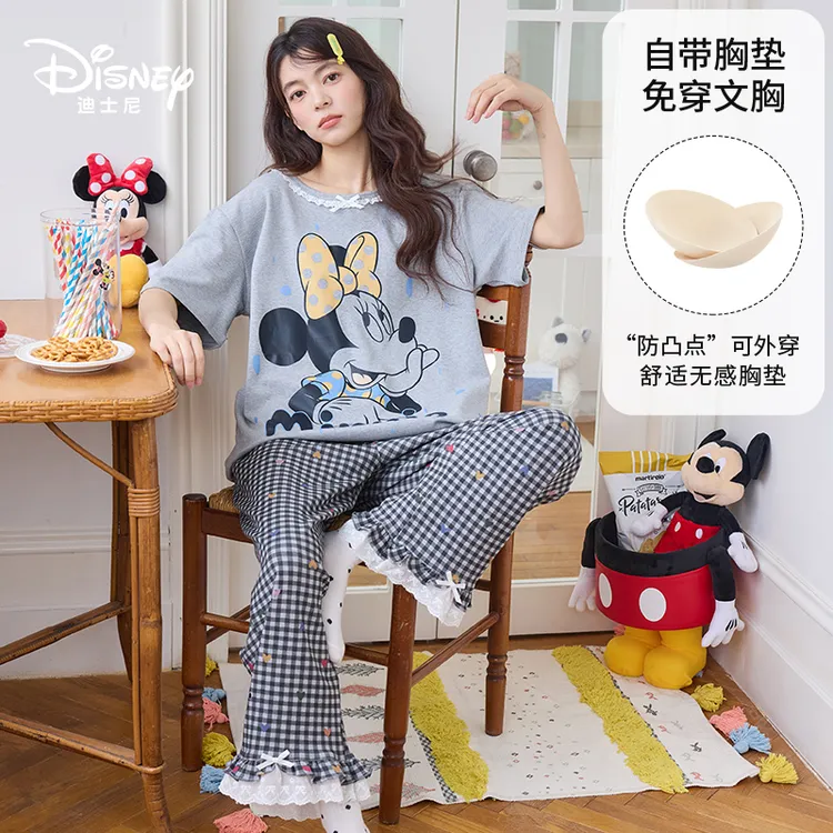 Disney迪士尼纯棉带胸垫圆领短袖长裤女复古格子可外穿家居服0294