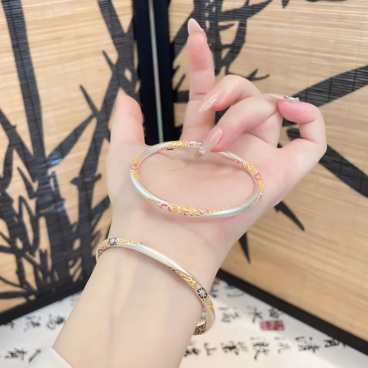 足银珐琅手镯 手工「望舒荷」足银999.9花丝手镯女描金彩银镯子