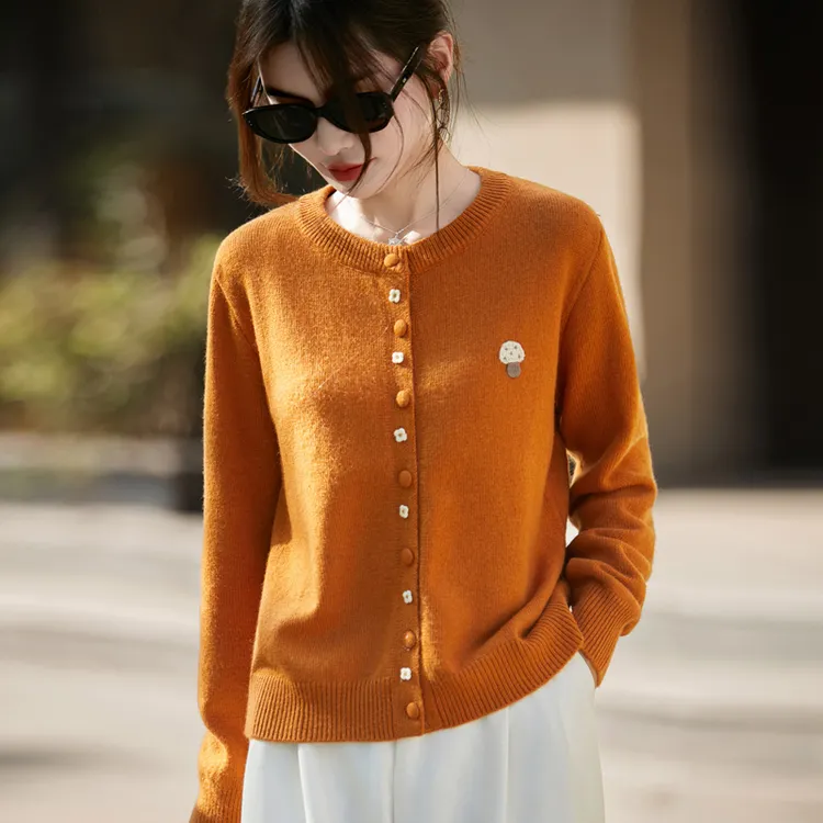纯羊毛刺绣开衫新款圆领100羊毛衫休闲女针织衫宽松百搭毛衣外套