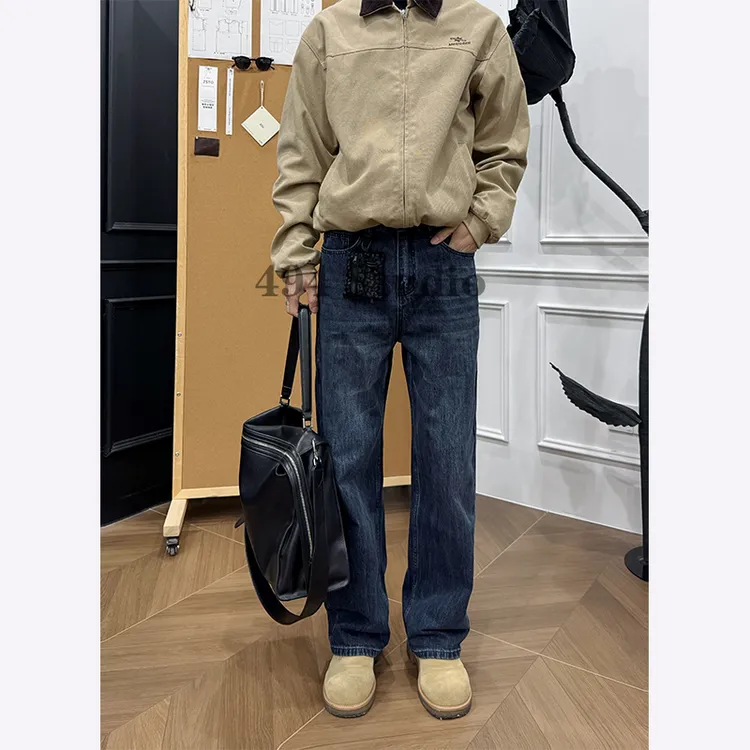 秋冬美式Cleanfit复古深海蓝拼接设计直筒裤牛仔裤男休闲百搭长裤