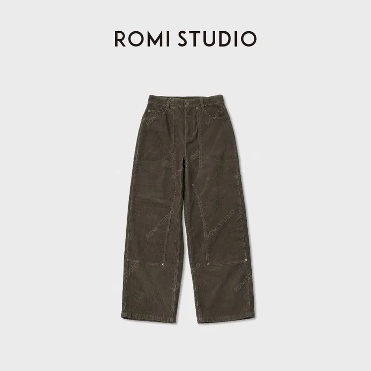 ROMI STUDIO"简练有型"细纹灯芯绒拼缝扣襻阔版直筒裤 RWCAX06154