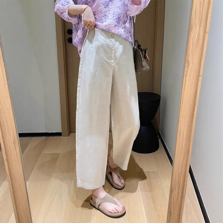 白色天丝亚麻阔腿裤女2025夏季薄款大码宽松显瘦设计感冰丝直筒裤