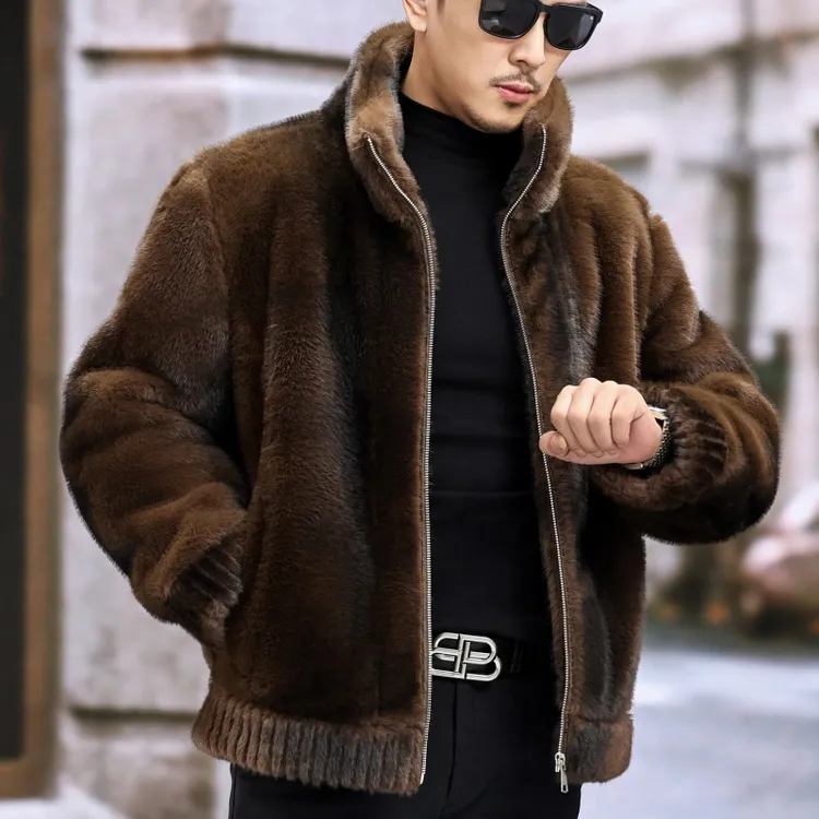 新款海宁双面绒男夹克时尚休闲男士貂绒立领大衣修身百搭大码冬季