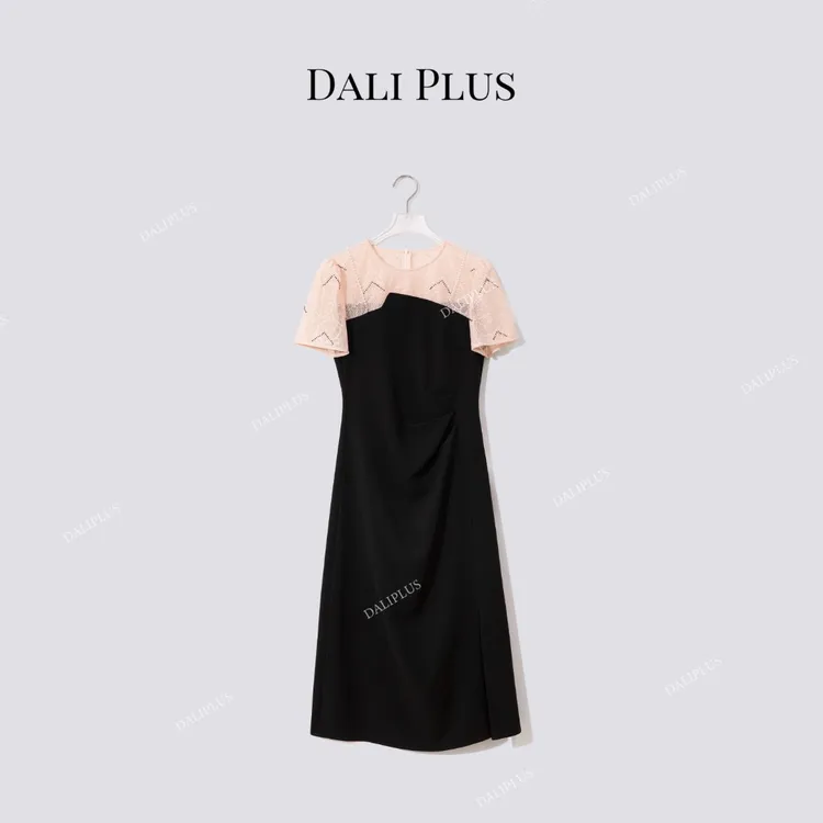 DALI PLUS“高克重醋酸”抹胸假两件珍珠蕾丝收腰连衣裙-D5XH0085