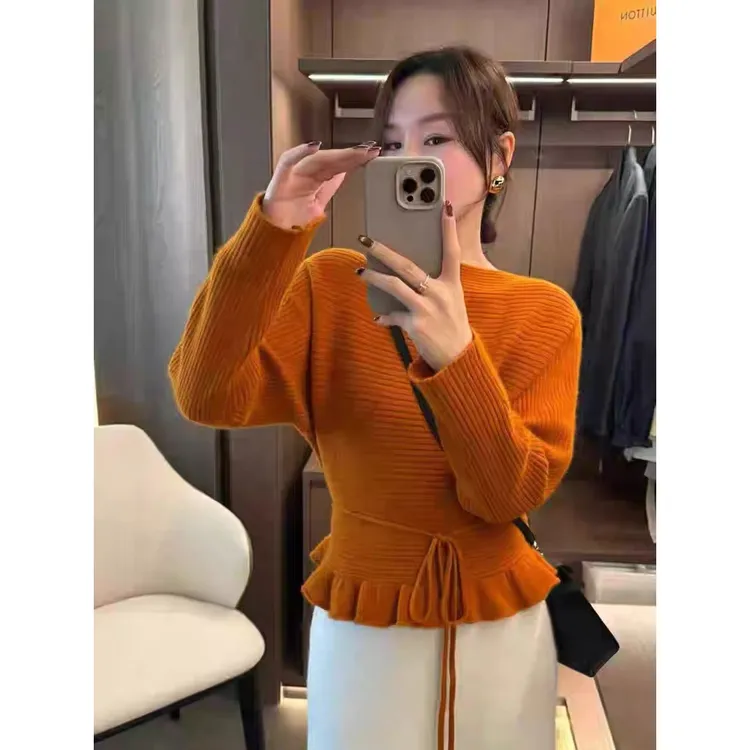 韩系设计感系带荷叶边收腰针织衫女2025新款秋冬百搭气质显瘦毛衣