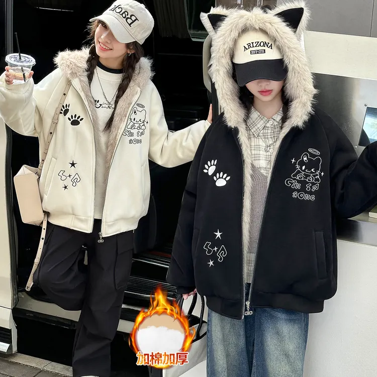 女童毛边拼接猫耳朵连帽棉衣2025冬季中大童休闲潮流针织加厚外套