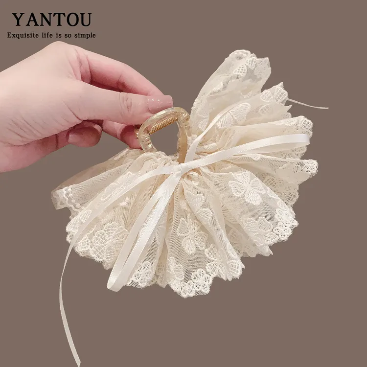 日韩超仙蝴蝶结丝带花朵蕾丝抓夹女后脑勺马尾夹半扎发鲨鱼夹发抓