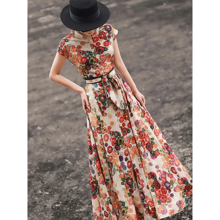 2025夏季新款气质复古长裙短袖收腰绑带印花开叉大摆连衣裙D1050