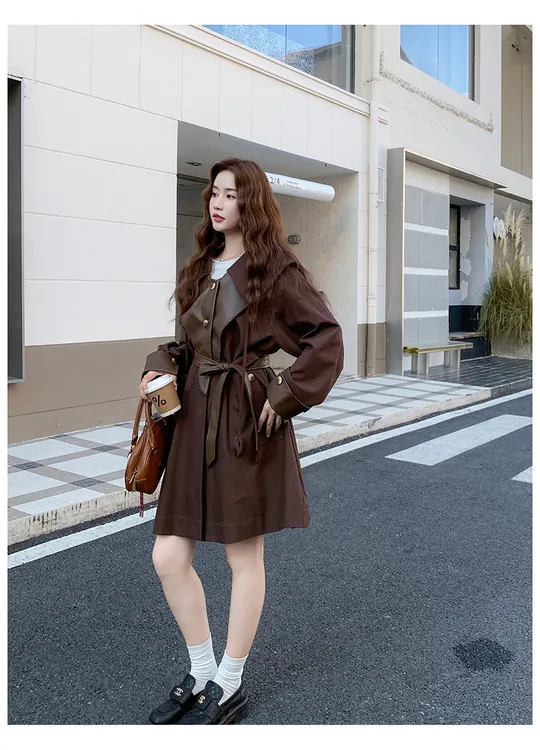 咖色设计感撞色拼皮风衣外套女2025早春秋韩系海军风收腰显瘦大衣