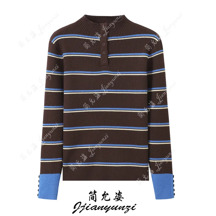 韩系条纹撞色纽扣半高领长袖打底针织衫女秋冬季洋气减龄套头毛衣