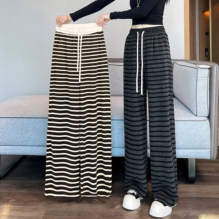条纹运动阔腿裤女春秋季2025新款加绒裤子女冬季休闲窄版直筒卫裤