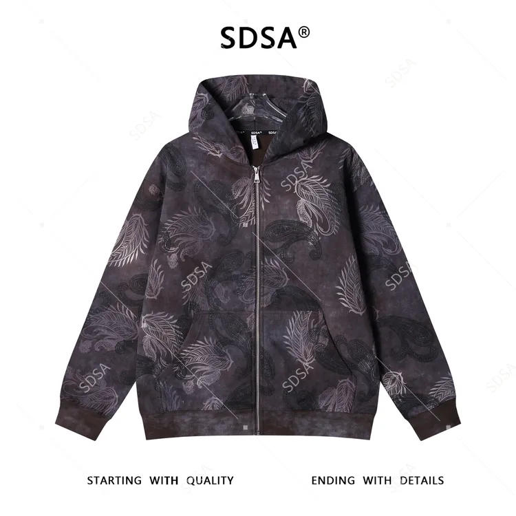 SDSA男士秋冬新款痞帅男装抽象花卉印花拉链连帽卫衣百搭开衫上衣