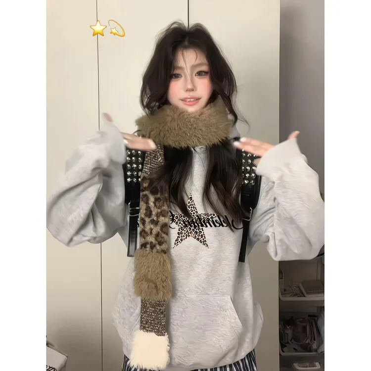 韩系欧美风豹纹原宿风连帽卫衣秋冬季加绒加厚气质上衣男女百搭