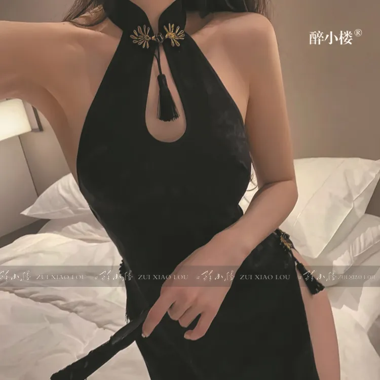 中式性感复古立领盘扣露背旗袍制服情调纯欲情侣趣味包臀气质纯欲