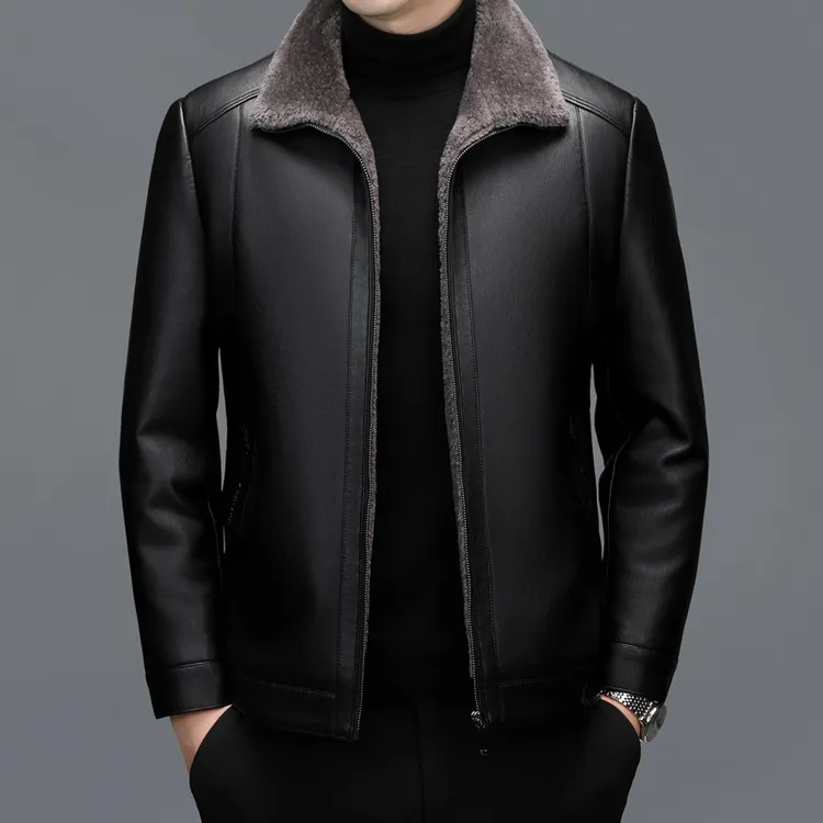 2024冬海宁真皮皮衣男外套加绒加厚中年男士爸爸装皮毛一体皮夹克